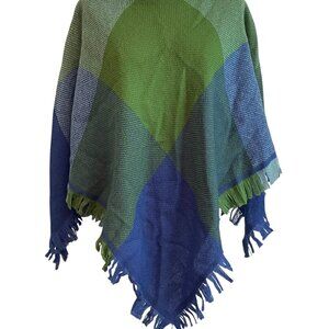 CHURCHILL Plaid Wool Poncho Cape Womens Fringe Blue Green Tweed Handwoven OSFM